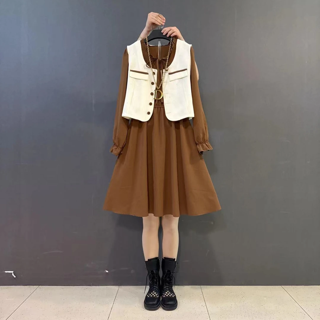 胖MM女装韩版文艺范系带蝴蝶结木耳边领连衣裙马甲洋气两件套