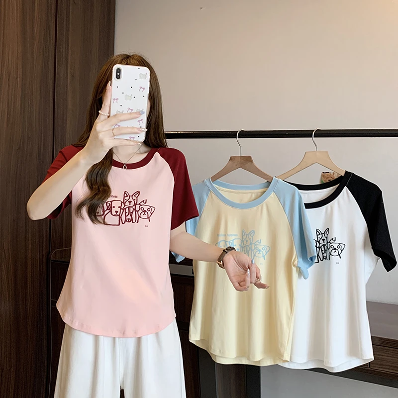 0587（墙）夏装新款胖mm大码女休闲显瘦卡通印花圆领插肩短袖T恤