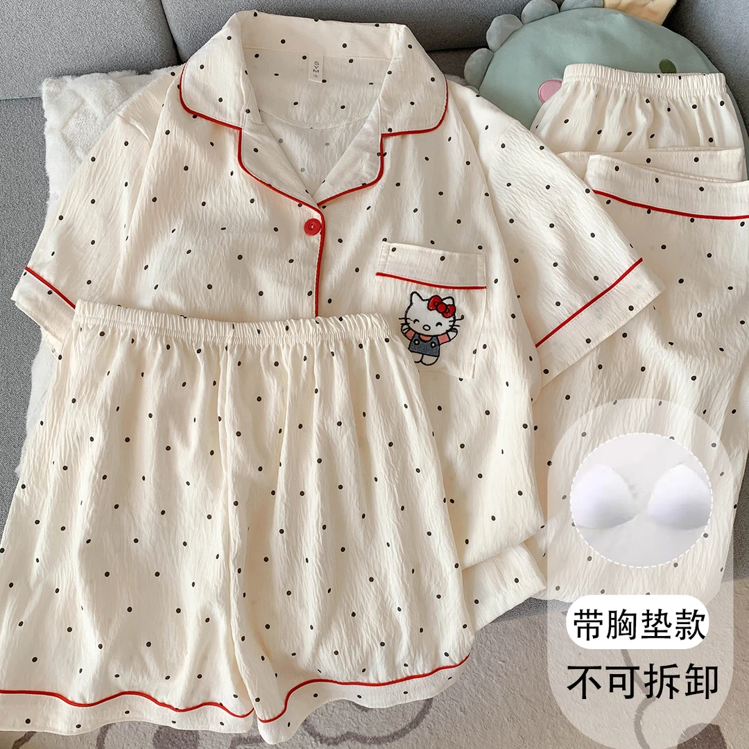 【链接有胸垫版可选】日系甜美波点KT猫夏季短袖三件套学生卡通套装