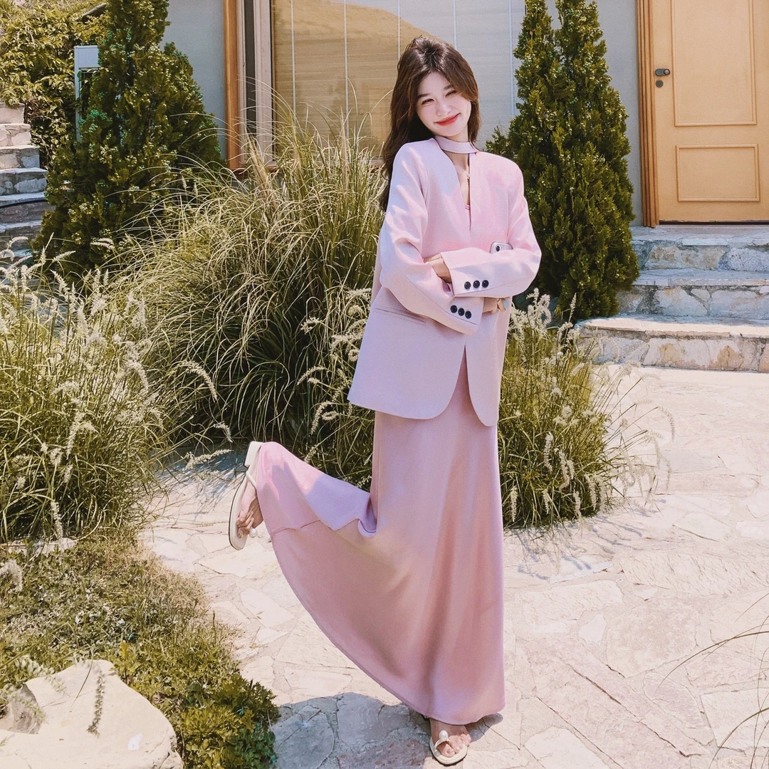 韩系时尚气质套装裙女早秋新款松弛显瘦缎面飘带西装连衣裙两件套