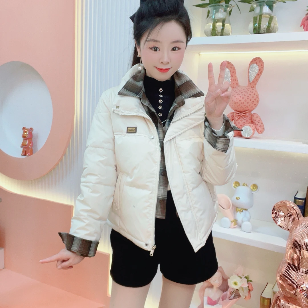 JUYA《海棠醉日》百搭立领格子拼接设计款拼色加厚保暖羽绒棉服外套