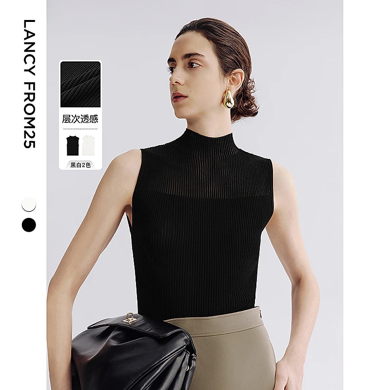朗姿半高领无袖针织背心双色2025年夏季新款气质高级感百搭上衣