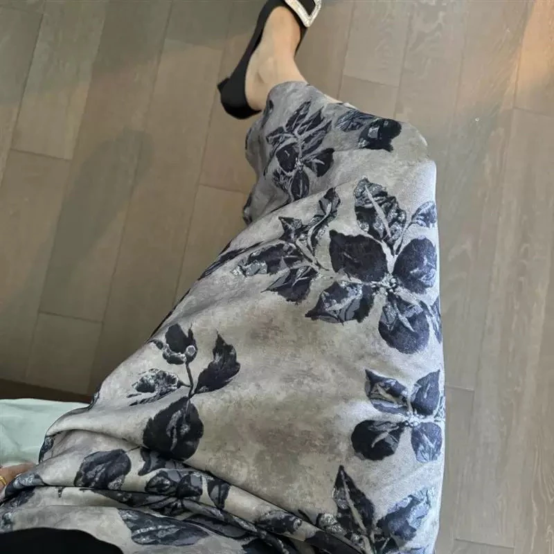 新中式醋酸提花梨型身材中长裙夏季轻熟风宽松复古灰色半身裙子女