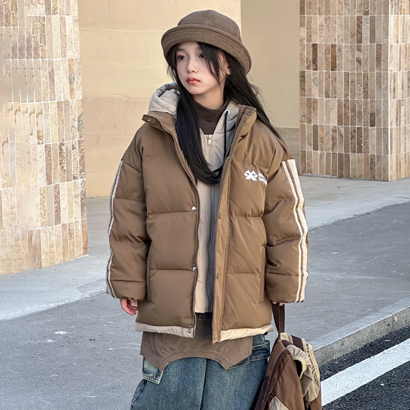 韩版新款儿童假两件卫衣双杠绒服男童女童加绒羽服加厚保暖防寒服