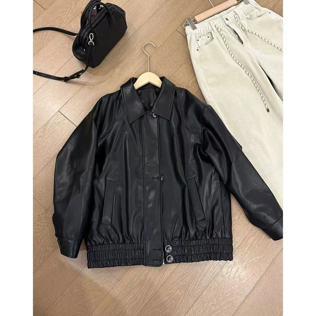 小静静一会【单排扣皮外套】2025早春宽松翻领百搭外套 2412B6182