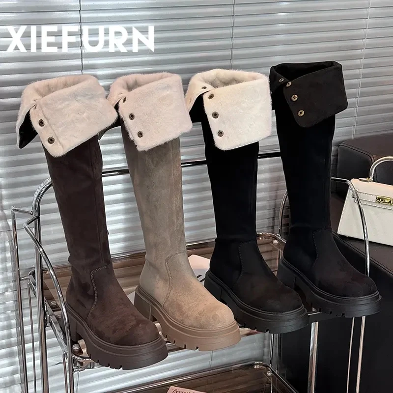 XIEFURN/鞋夫人秋冬时尚百搭厚底长筒加厚绒绒长靴显瘦保暖高筒靴