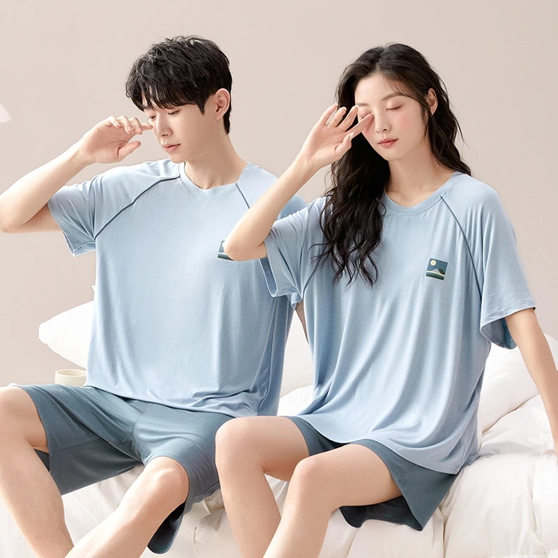 莫代尔夏季新款情侣短袖短裤女带胸垫甜美家居服套装EE041