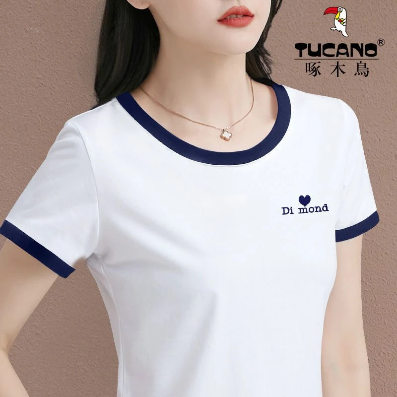夏季新款啄木鸟2025年短袖t恤女百搭修身圆领洋气拼接体恤衫休闲