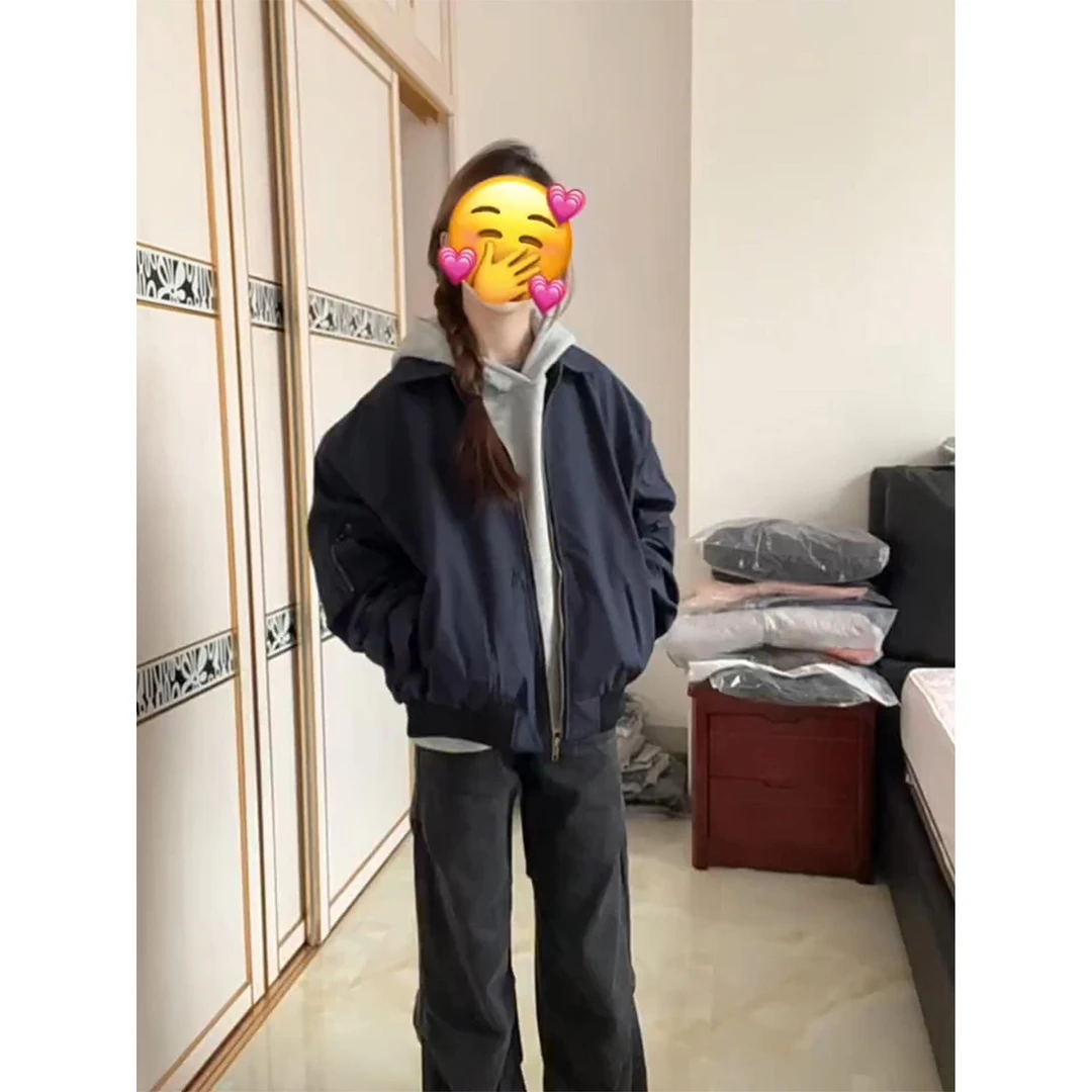 bomber藏青色美式飞行员夹克男女秋季cleanfit短款正肩棒球服外套