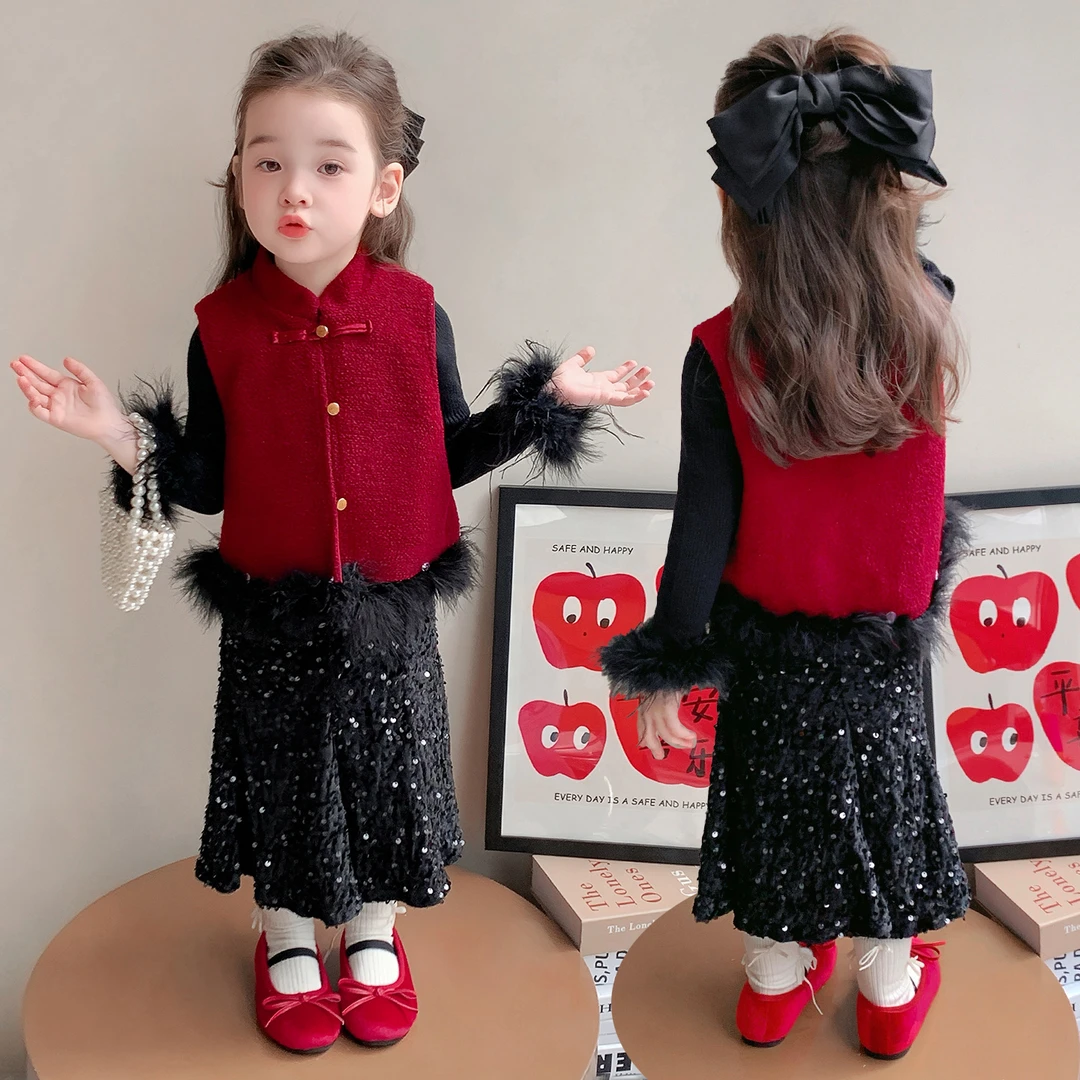 印花纯色女单排扣厚款冬季套装坎肩女孩外套秋冬