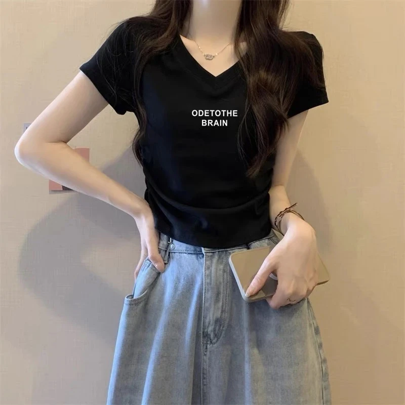 2025新款V领正肩短袖t恤女夏季爆款修身褶皱不规则显瘦洋气上衣