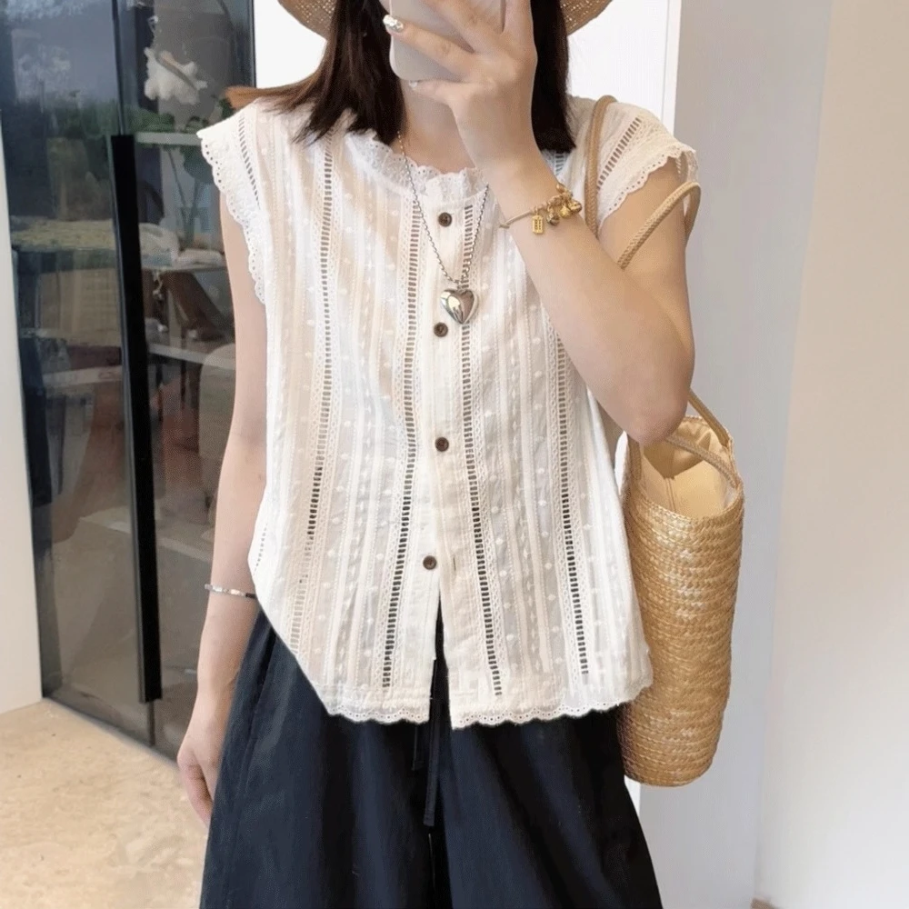 镂空棉麻衬衫女夏款2025新款爆款法式小衫独特别致无袖上衣高级感