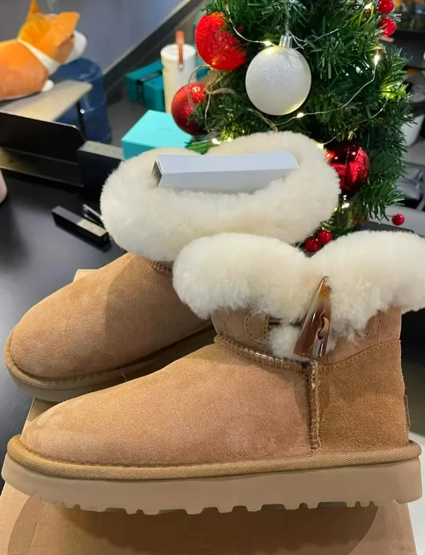 【薄底一粒牛角扣】桑坡冬雨皮毛一体雪地靴保暖舒适百搭经典时尚