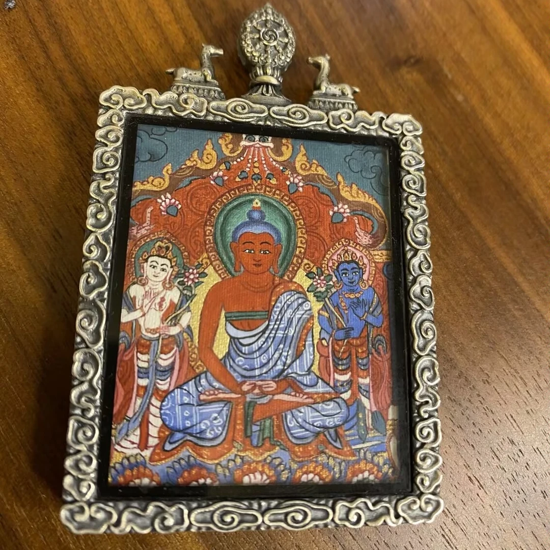 齐岗阿弥三尊才让画师手绘小唐卡4x5cm芯  铜或钛钢壳及藏绳任选