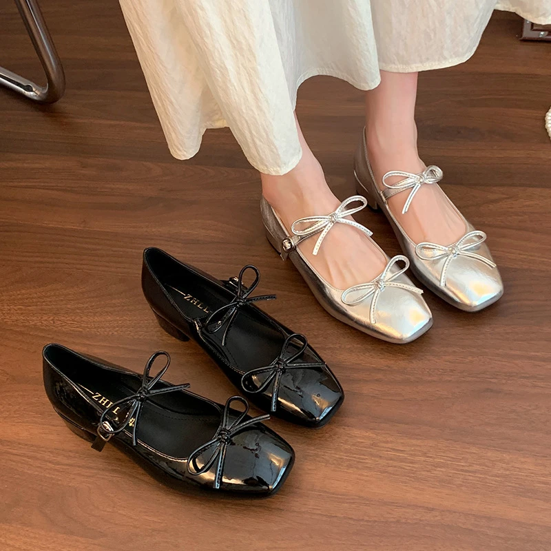 加肥加宽2386-65一字带粗跟法式玛丽珍鞋女蝴蝶结浅口大码单鞋