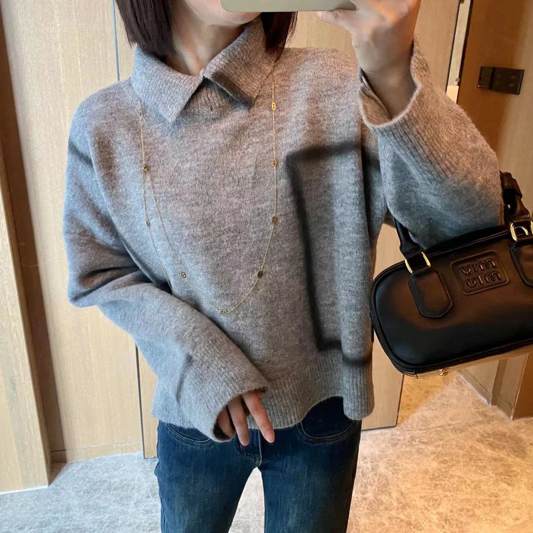高领小翻领设计毛衣韩版针织开衫小香风气质长袖网红时尚百搭秋冬