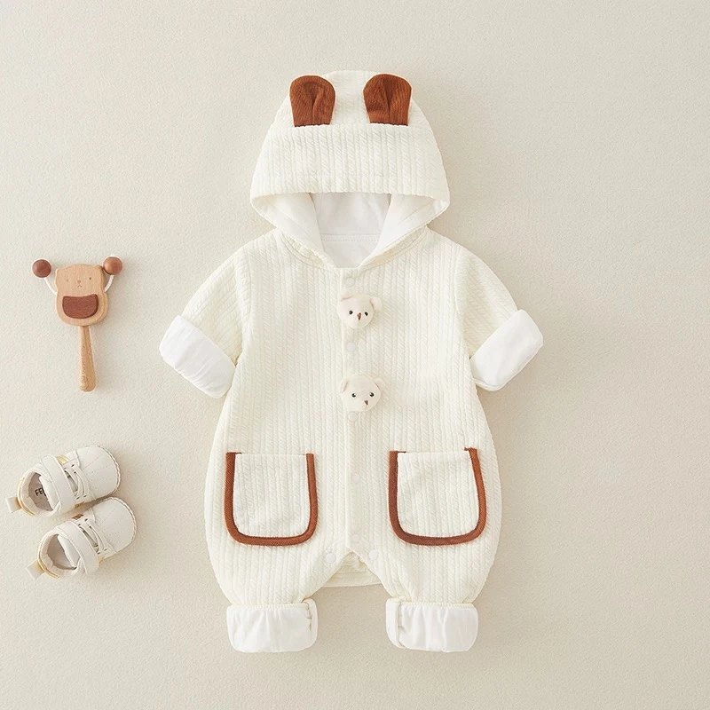 超萌婴儿连体衣春秋男女宝宝衣服春装双层哈衣连帽洋气外出服套装