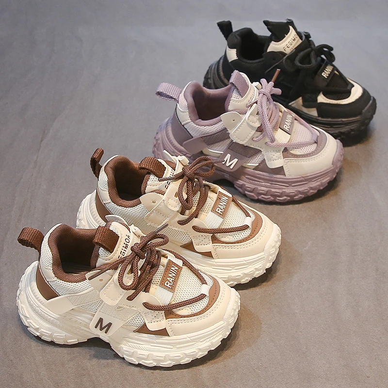 女童鞋子2025年春季新款儿童运动跑步鞋女孩网布透气软底老爹鞋