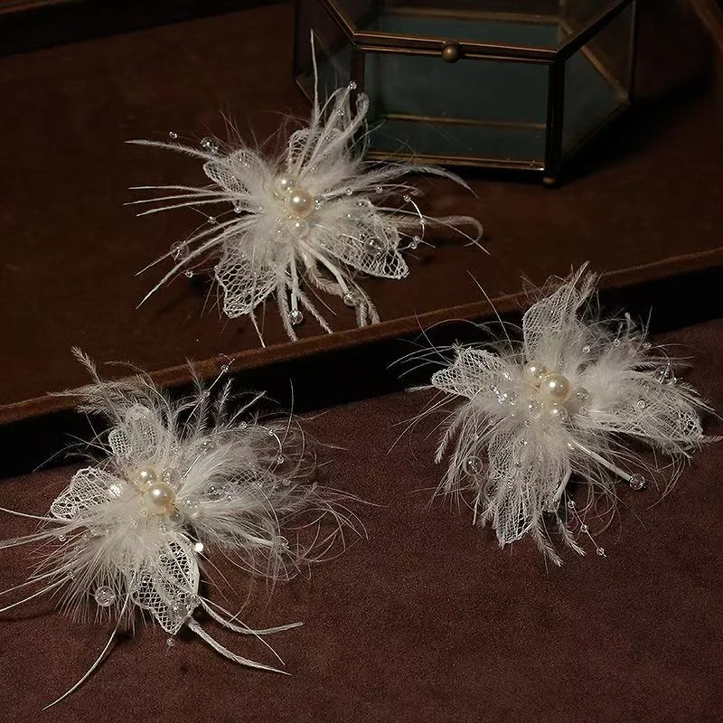 甜美梦幻新娘蕾丝羽毛蝴蝶发夹套装时尚精致新款