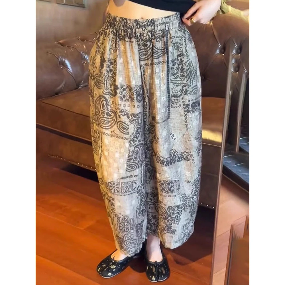 复古印花阔腿裤子女夏季薄款宽松显瘦大码休闲八分直筒灯笼裤