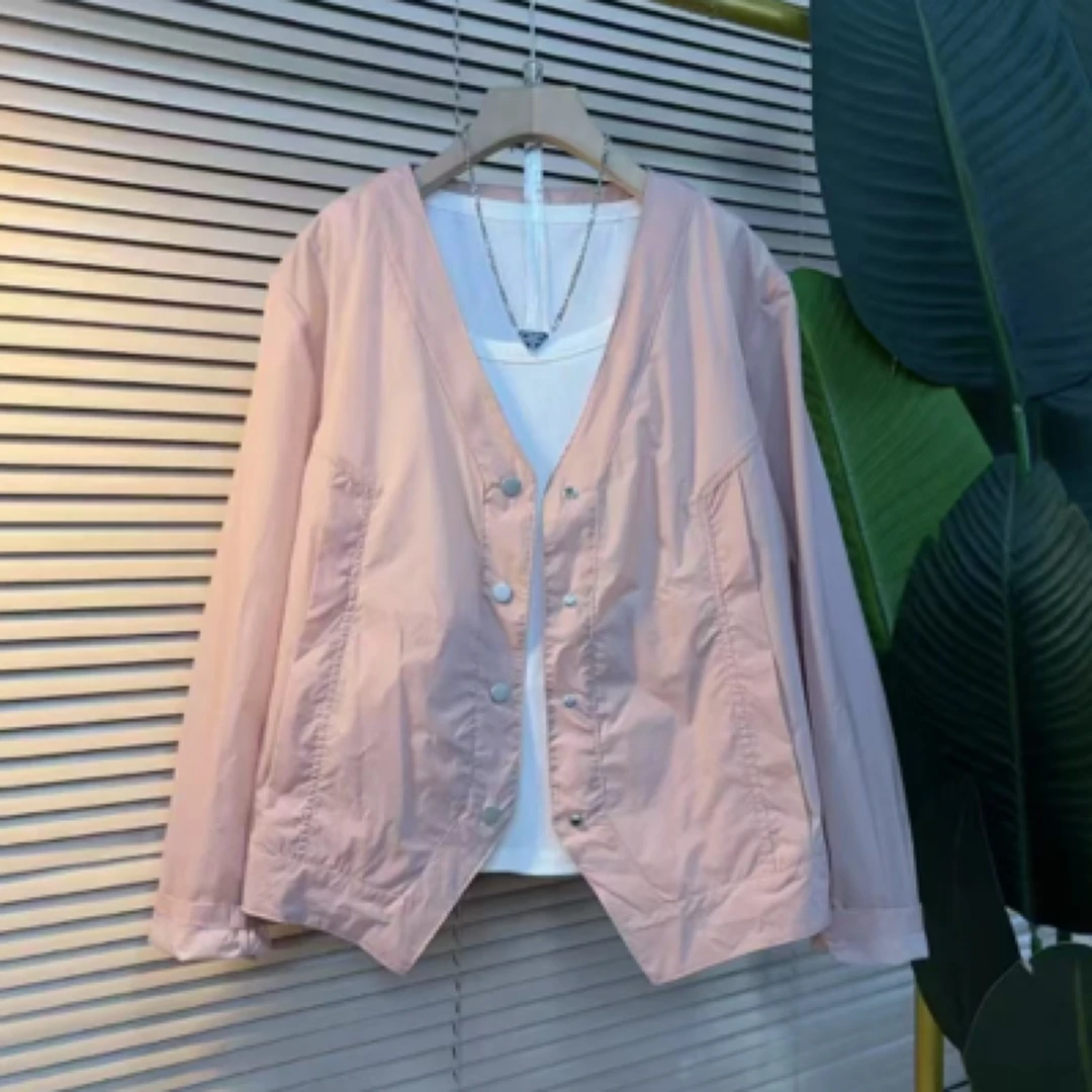 欧货v领扣子防晒衫轻薄外套女大码夏季轻薄宽松显瘦上衣