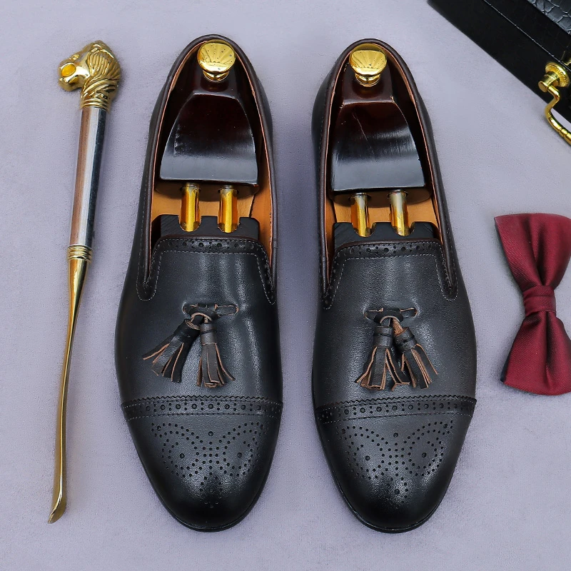 真皮布洛克雕花乐福鞋男士一脚蹬皮鞋英伦风时尚流苏乐福鞋豆豆鞋