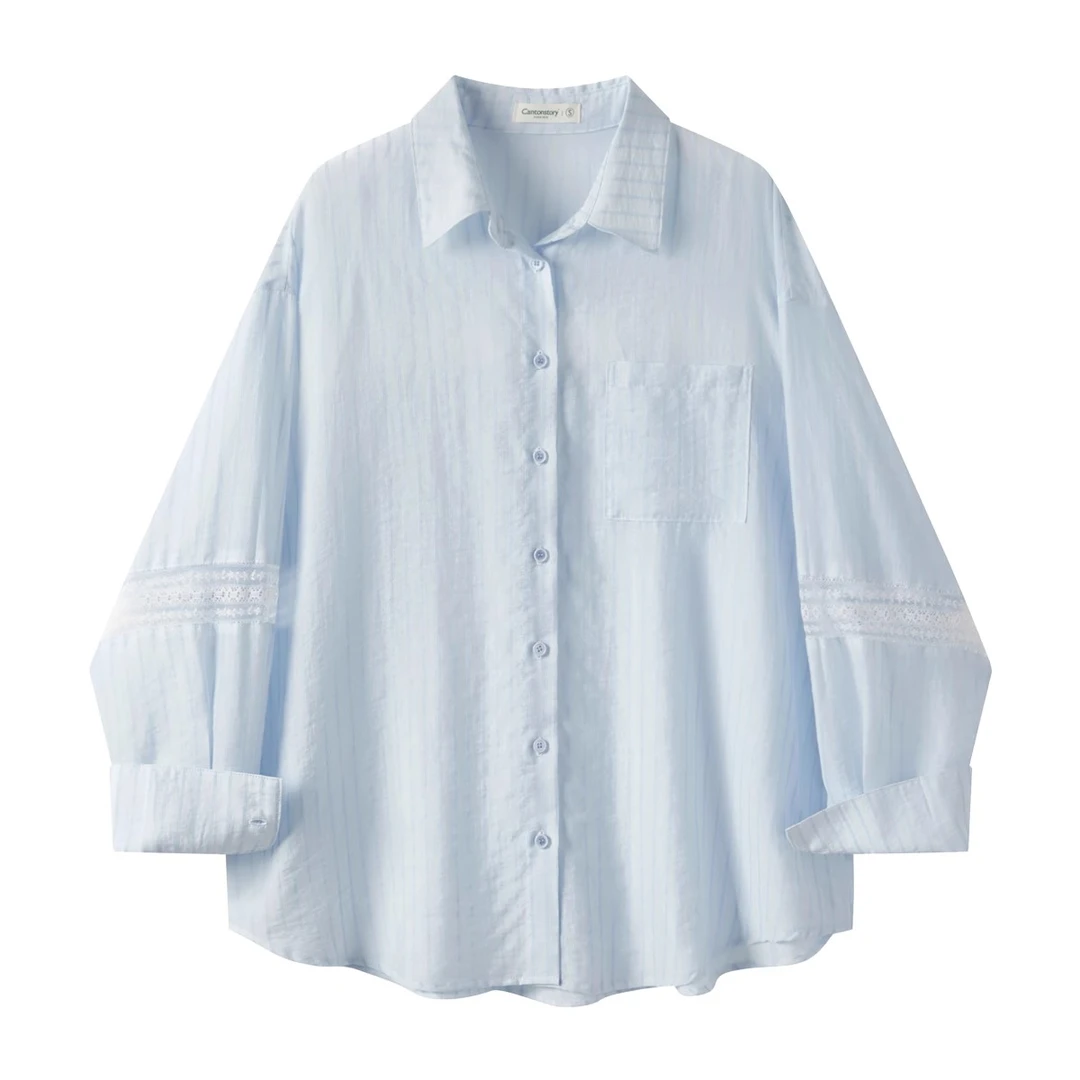 羊城故事-蓝色条纹拼接蕾丝衬衫春季宽松百搭外套Y50248525