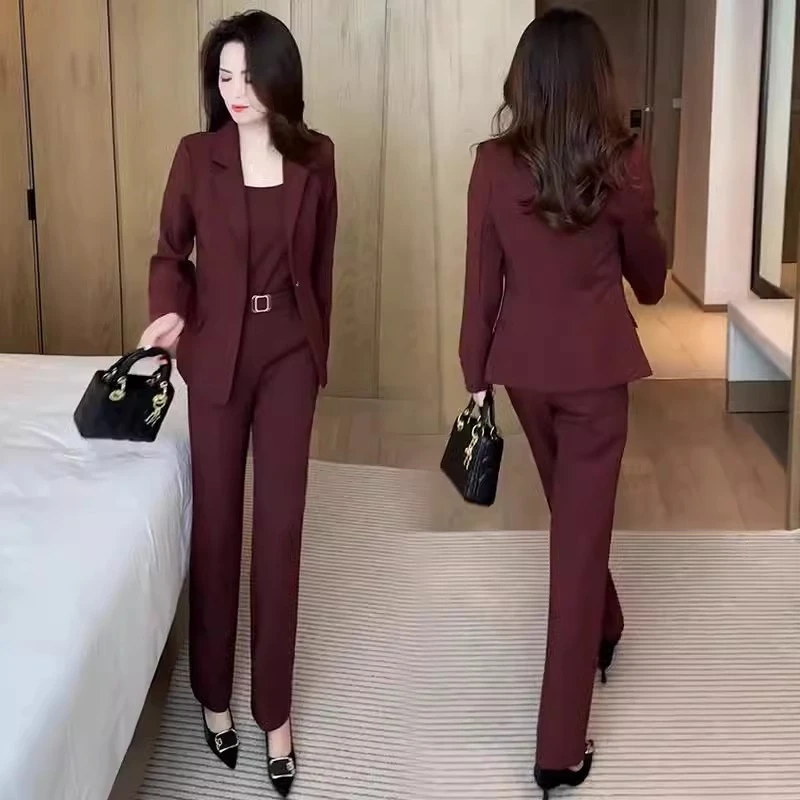 时尚西装套装女2025春季新款洋气短西服上衣背心显瘦直筒裤三件套