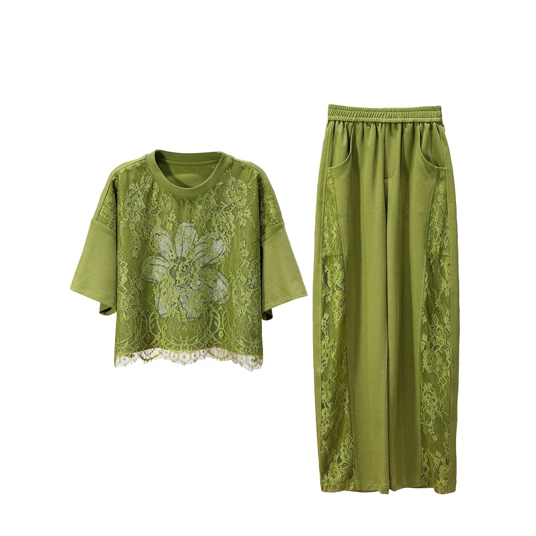 【程二定制】设计师款橄榄绿重工刺绣拼接勾花蕾丝时尚套装7316A