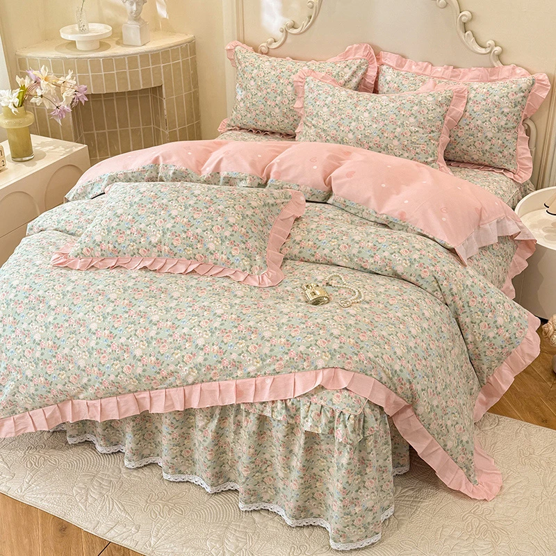 韩版全棉花边床裙四件套小清新碎花被套罩床单超柔软亲肤床上用品