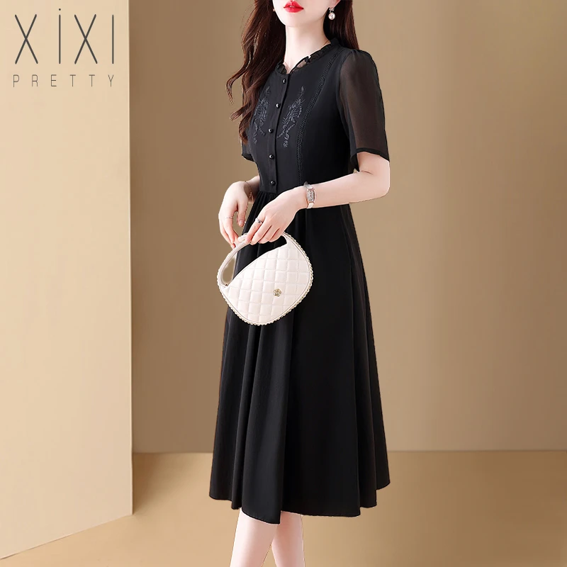 气质妈妈黑色刺绣连衣裙女2025夏季新款大牌高档显瘦长裙有口袋