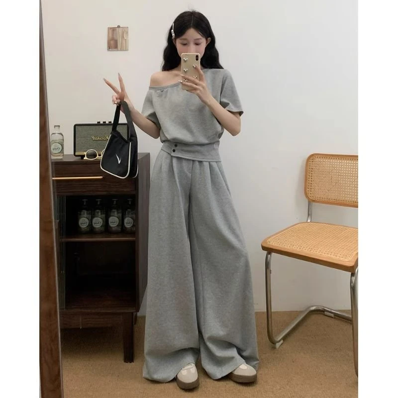 夏季气质时尚套装女韩版大码减龄休闲小个子露肩短袖阔腿裤两件套