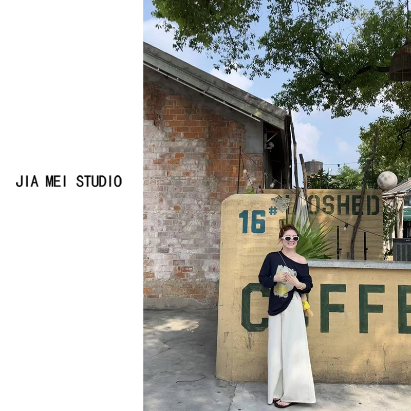 C238夏季新款韩版时尚薯片印花斜肩长袖T恤女宽松中长款ins上衣