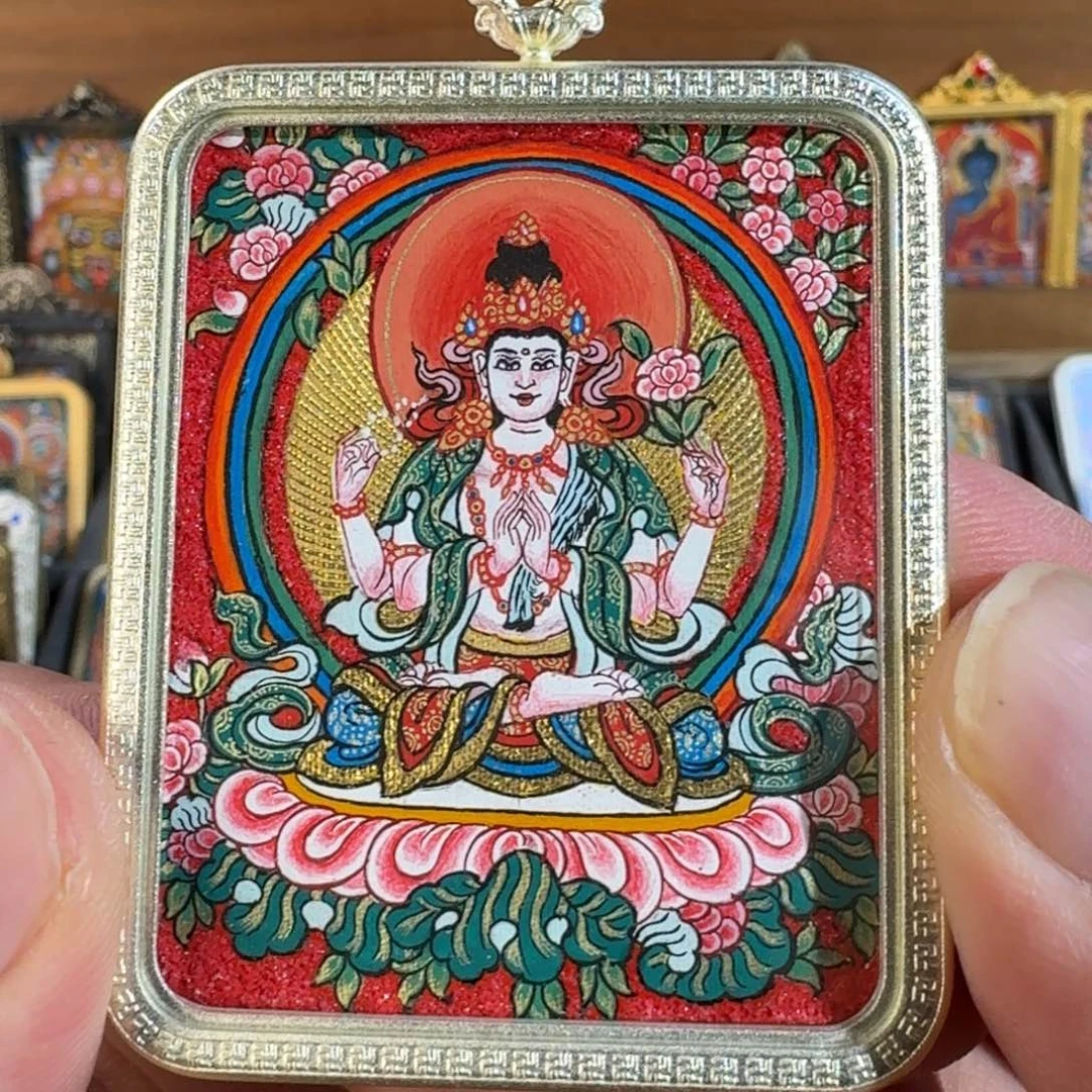 热贡纯手绘唐卡四臂观音