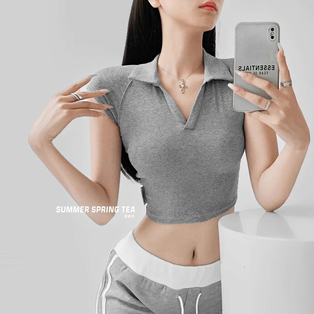 【夏春茶原创设计】欧美风气质极简风穿搭 百搭V领T 女修身显瘦短款