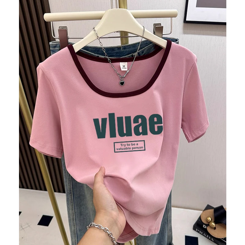 撞色方领上衣夏季2025新款独特别致设计感小众短袖正肩t恤女显瘦