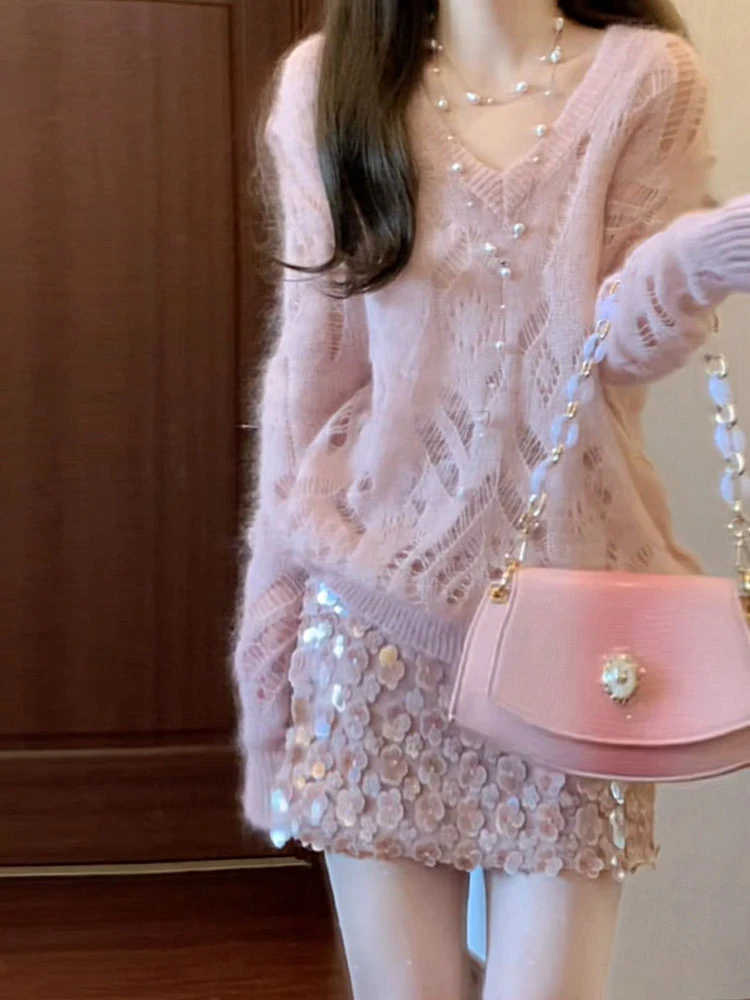 2025秋冬新款小香风纯欲温柔镂空针织上衣亮片半身裙气质两件套装