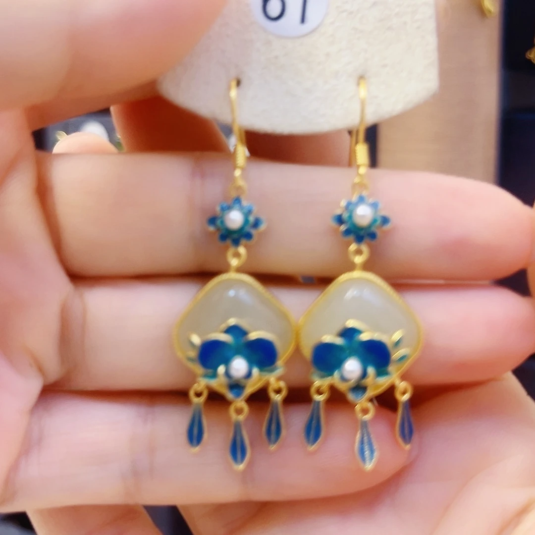 和田玉银S925镀金镶嵌耳饰