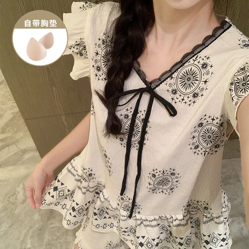 小飞袖复古风带胸垫睡衣女款夏季爆款无袖短裤女士家居服两件套装