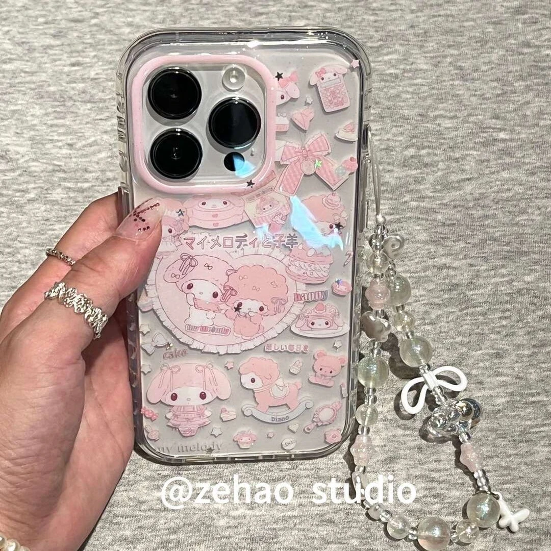 透明粉色系爱心美乐蒂适用于16promax手机壳iphone15/14/13女防摔