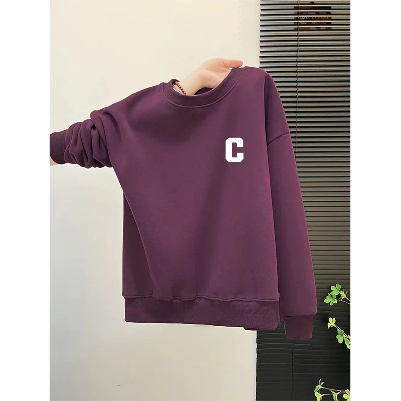 圆领长袖加绒设计感卫衣秋冬新款洋气休闲宽松大码小个子套头外套