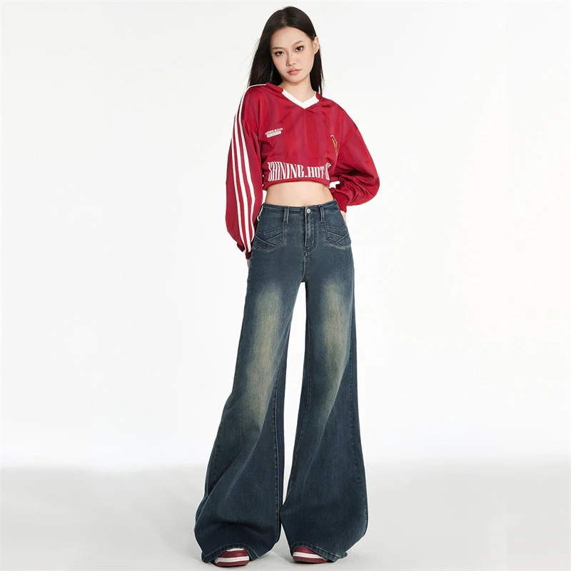 阔腿裤弹力宽松喇叭显瘦牛仔裤女2024秋交叉叠口袋设百搭垂感神裤