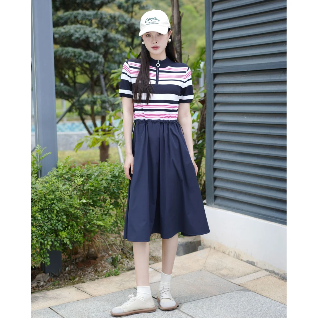 XII BASKET十二篮夏新经典藏蓝粉白条纹休闲显瘦连衣裙7C65206020