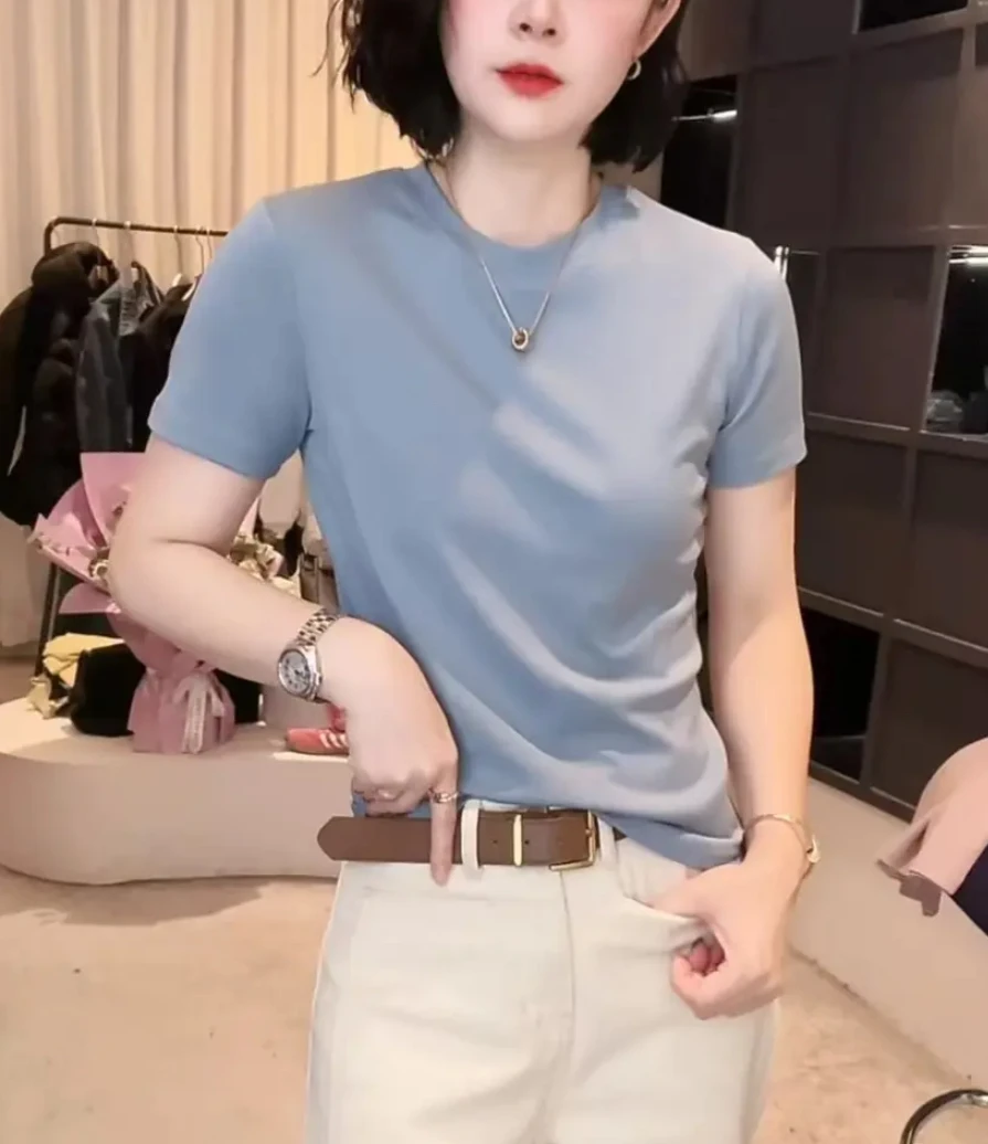 《优麦汇》Y1172夏季新款低领设计感时尚百搭短袖显瘦上衣女