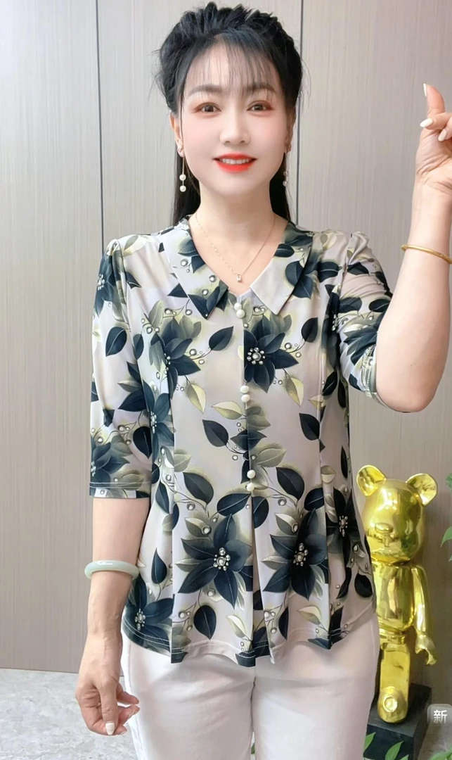 时尚妈妈装夏季新款大码宽松洋气薄款韩版娃娃领中袖ZJM018大花款