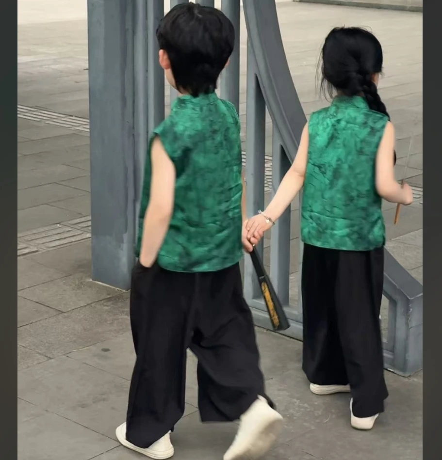 【兄妹装国风套装】女童新中式绿色盘扣马甲夏季国风男童时尚套装