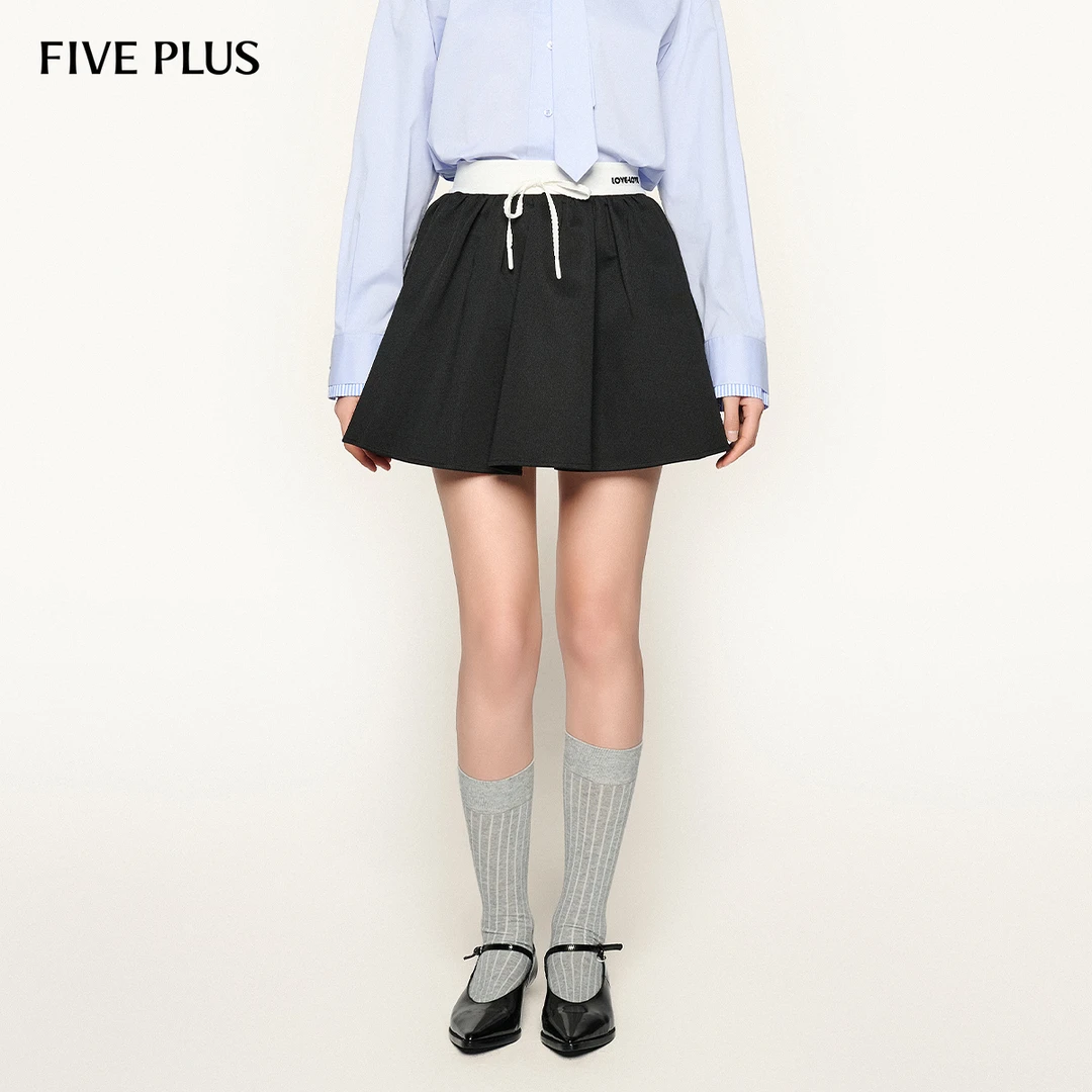 FIVE PLUS秋装半身裙女A字松紧高腰短裙子刺绣裙裤抽绳2LN3070430
