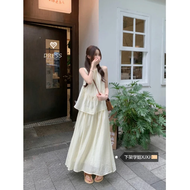 新中式清冷感气质背心连衣裙女春季2025新款淑女温柔风假两件长裙