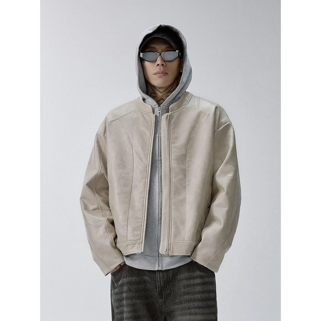 F2CE拼接重磅立领做旧纹皮衣宽松机车皮夹克男廓形vibe休闲潮外套