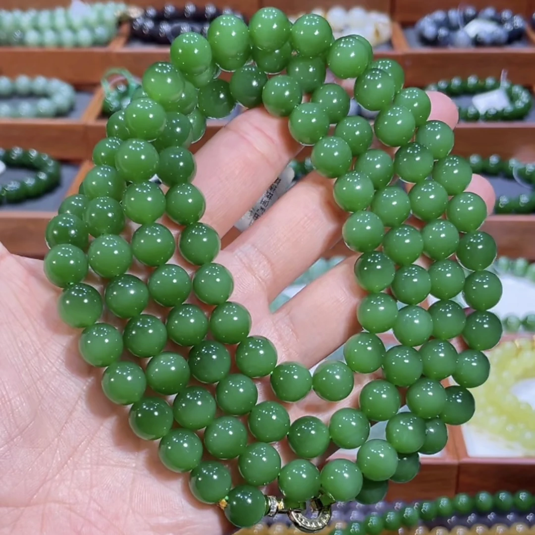 和田玉俄料碧玉起荧光猫眼阳绿项链多圈手串10mm
